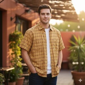 Tommy Hilfiger Shirt Mens Medium Plaid Short Sleeve Button Down Cotton Mustard M